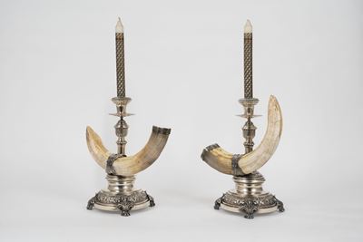 Coppia di Candelieri in Argento con Denti di Fagocero, Secolo XX
