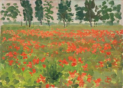 Campo con papaveri, olio su cartone