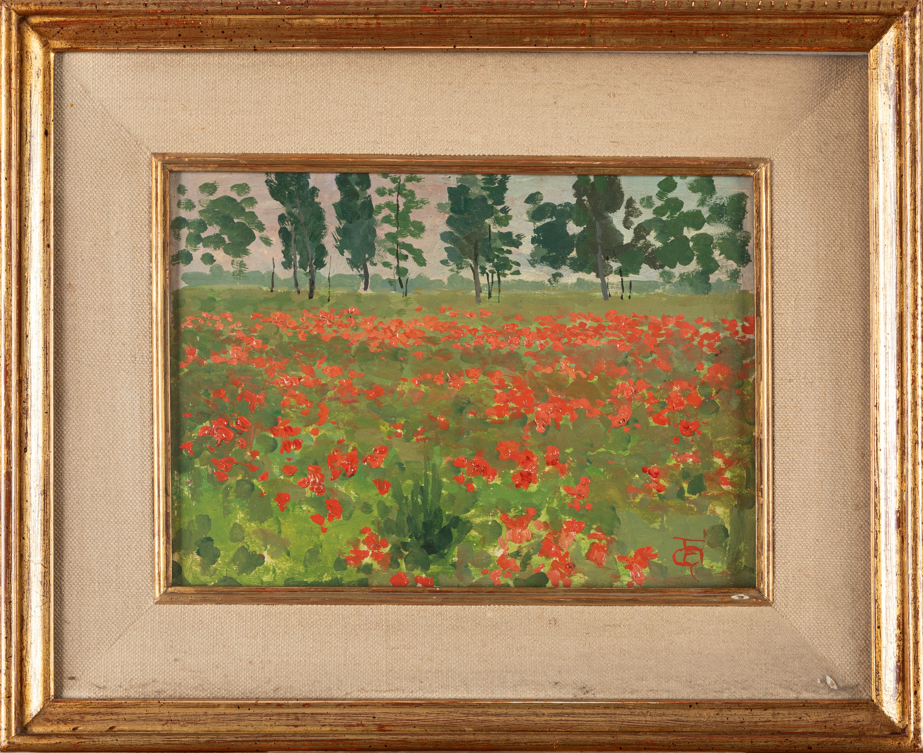 Emilio Quadrelli - Campo con papaveri, olio su cartone