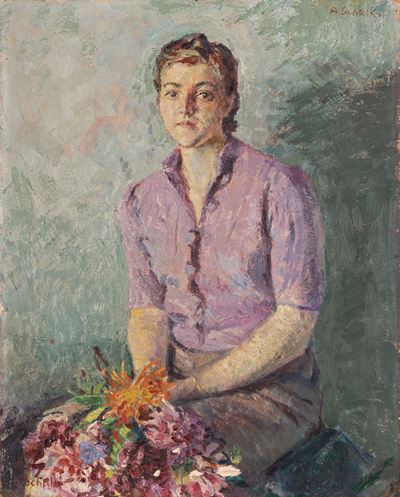 Ritratto di ragazza con fiori, olio su cartone