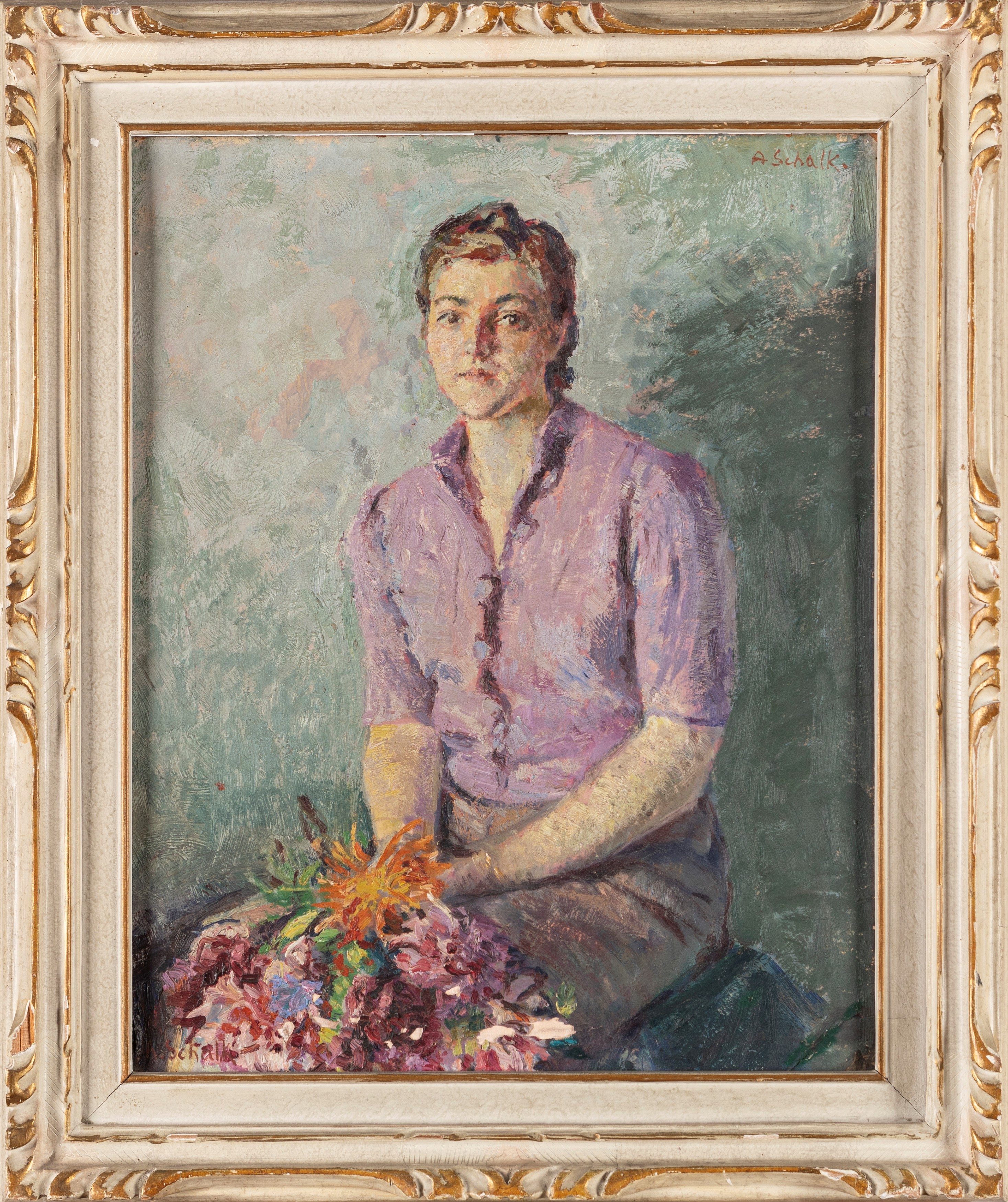 Ada Schalk - Ritratto di ragazza con fiori, olio su cartone