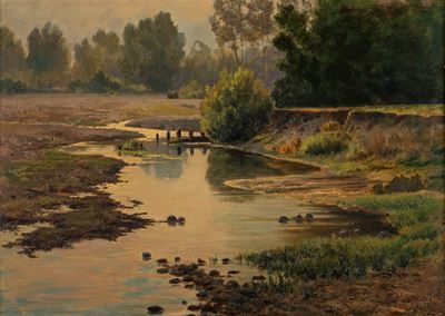 Il fiume, olio su cartone