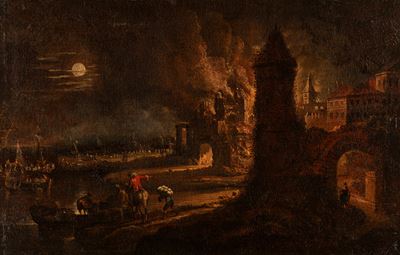 Autore sconosciuto, Notturno con città in fiamme, olio su tela