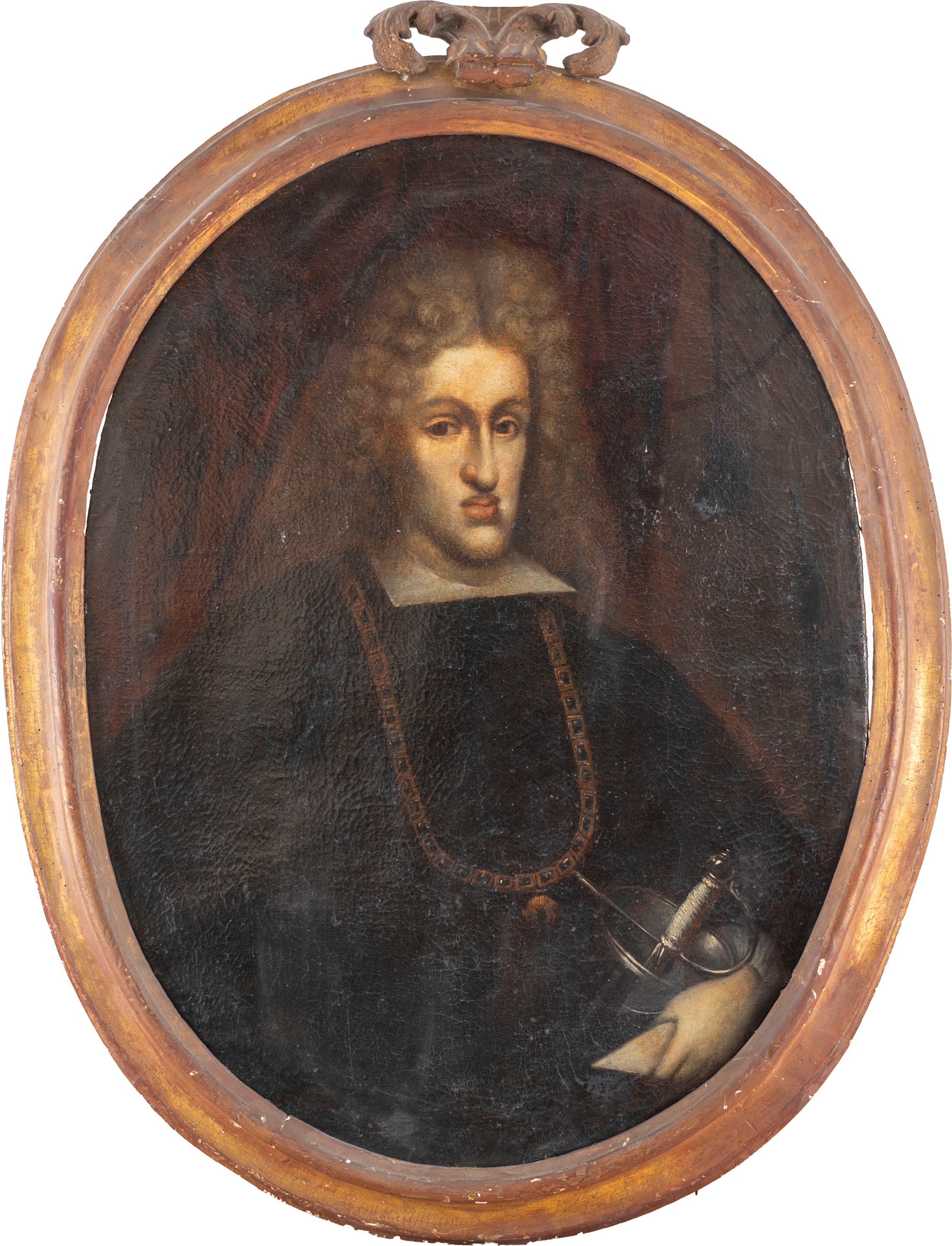 Scuola del Secolo XVII - Ritratto di Carlo II di Spagna, olio su tela in ovale
