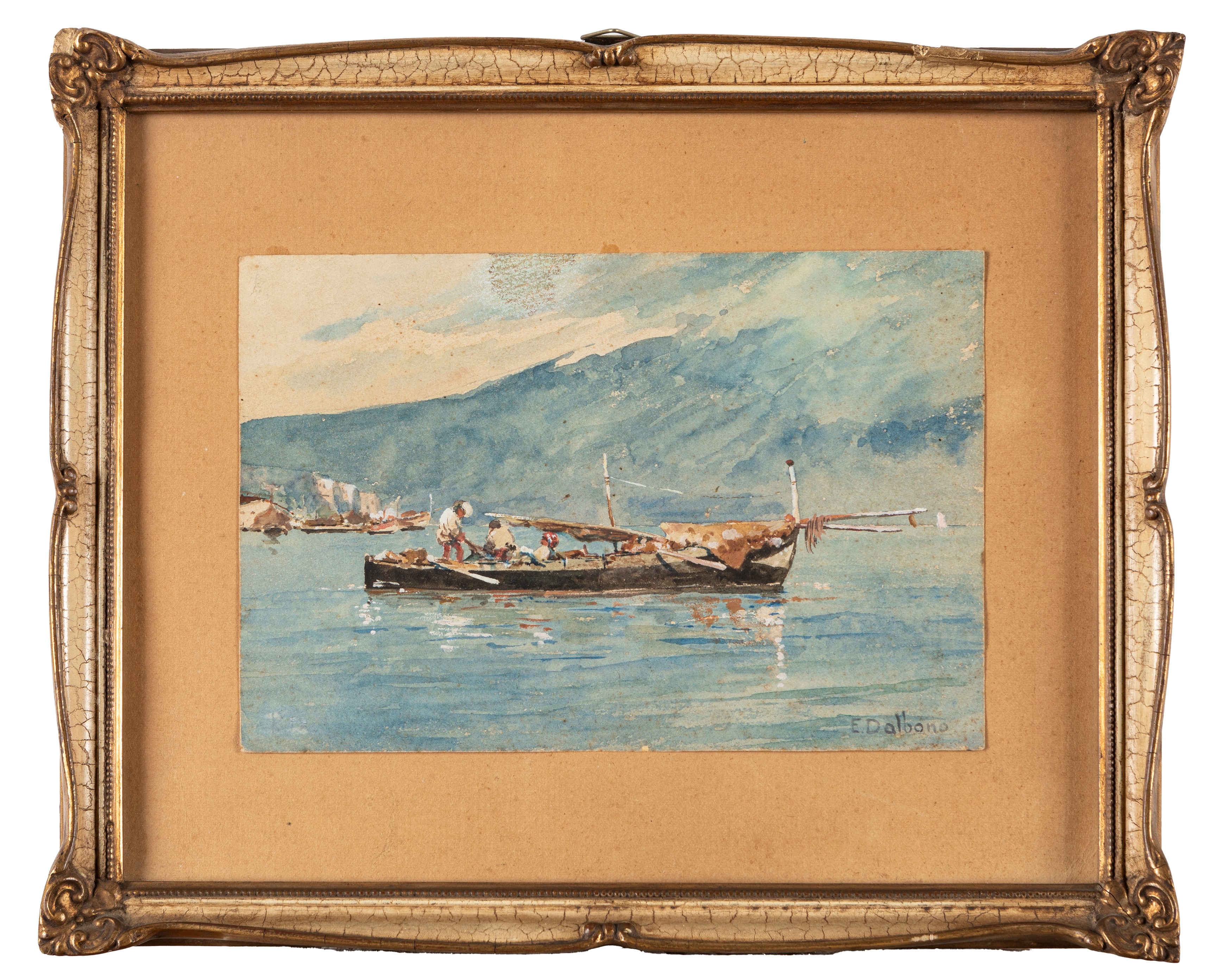Edoardo Dalbono - Pescatori nel golfo, acquerello su carta