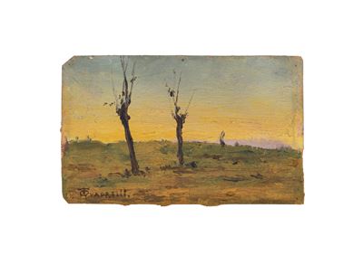 Scuola italiana, Paesaggio, olio su cartoncino