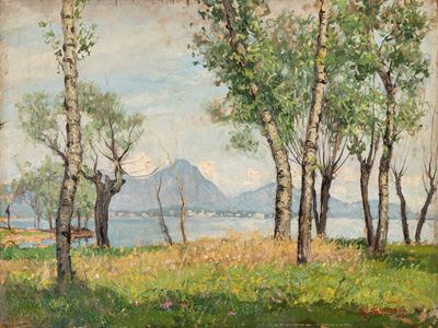 Paesaggio lacustre, olio su compensato