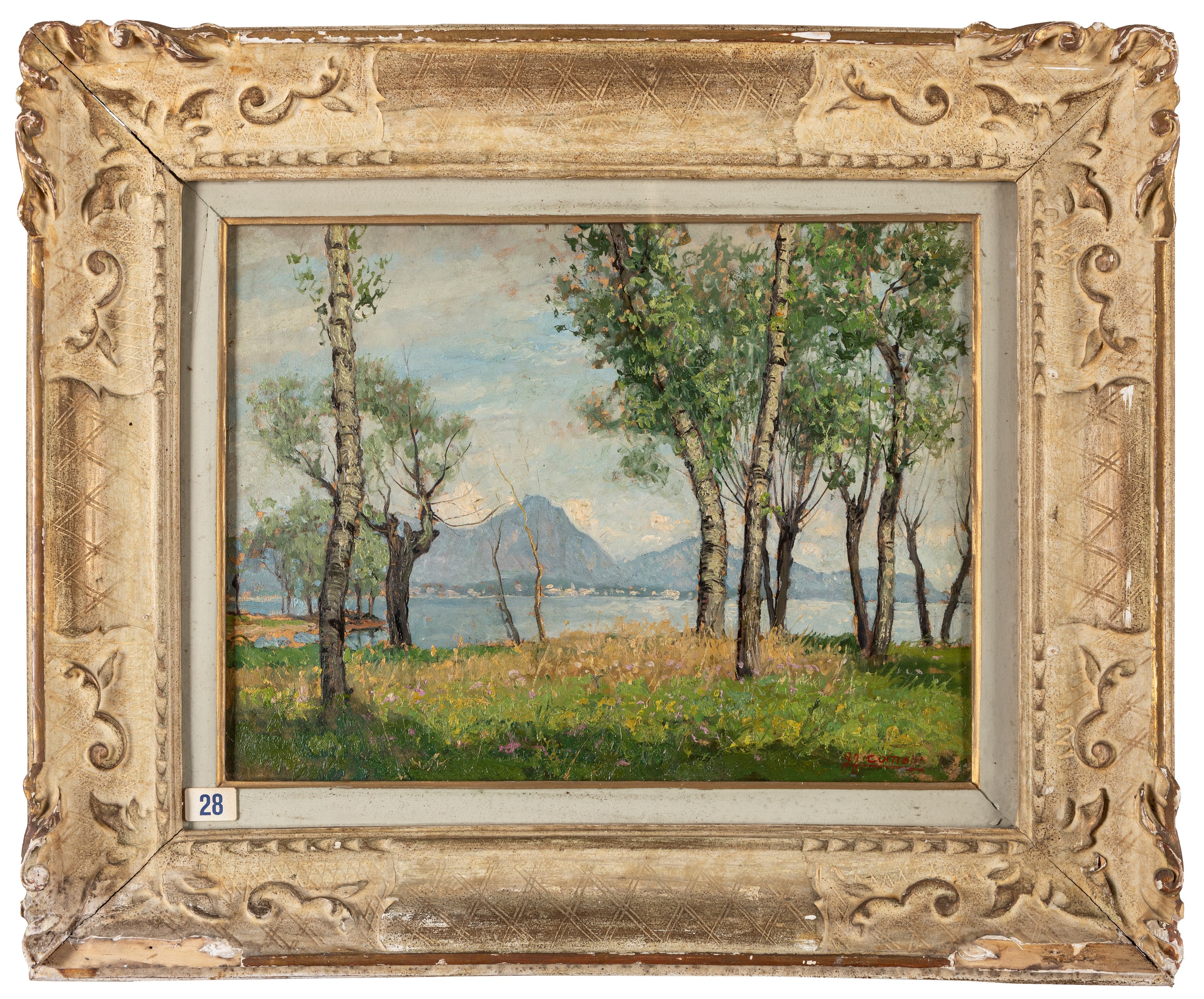 Gigi Comolli - Paesaggio lacustre, olio su compensato