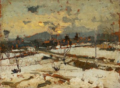 Neve di sera, olio su tavola