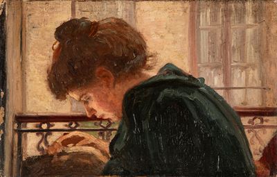 Autore sconosciuto, Donna che cuce, olio su tela
