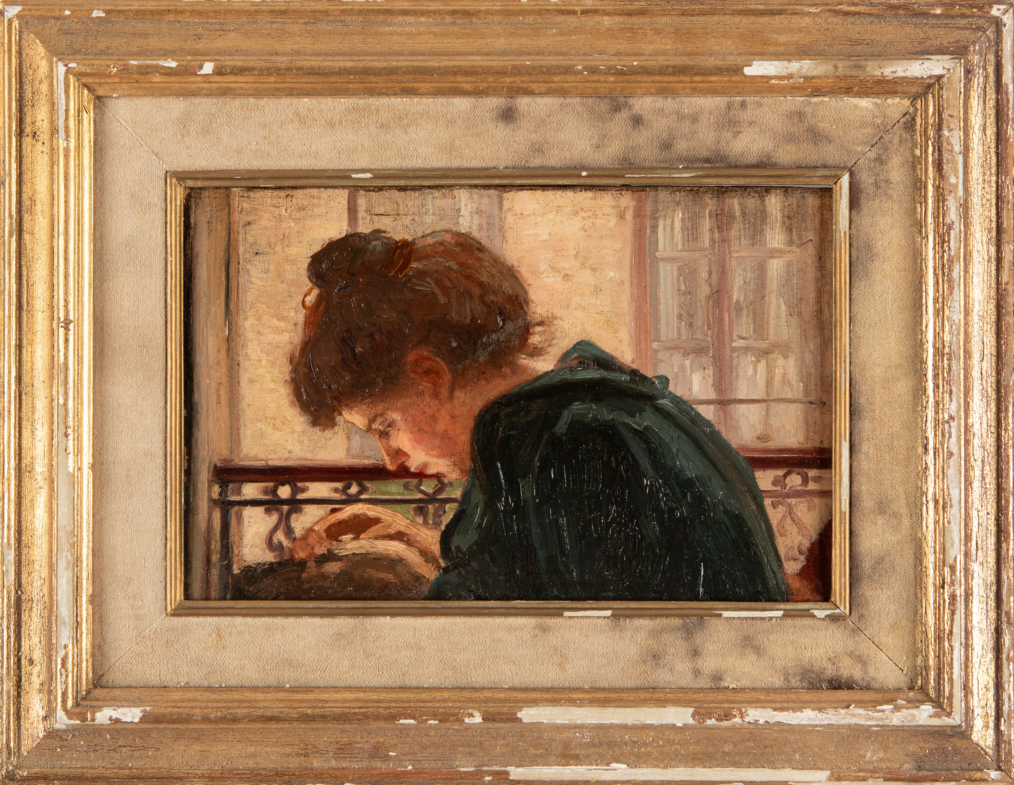 Scuola Lombarda, Secolo XIX - Autore sconosciuto, Donna che cuce, olio su tela
