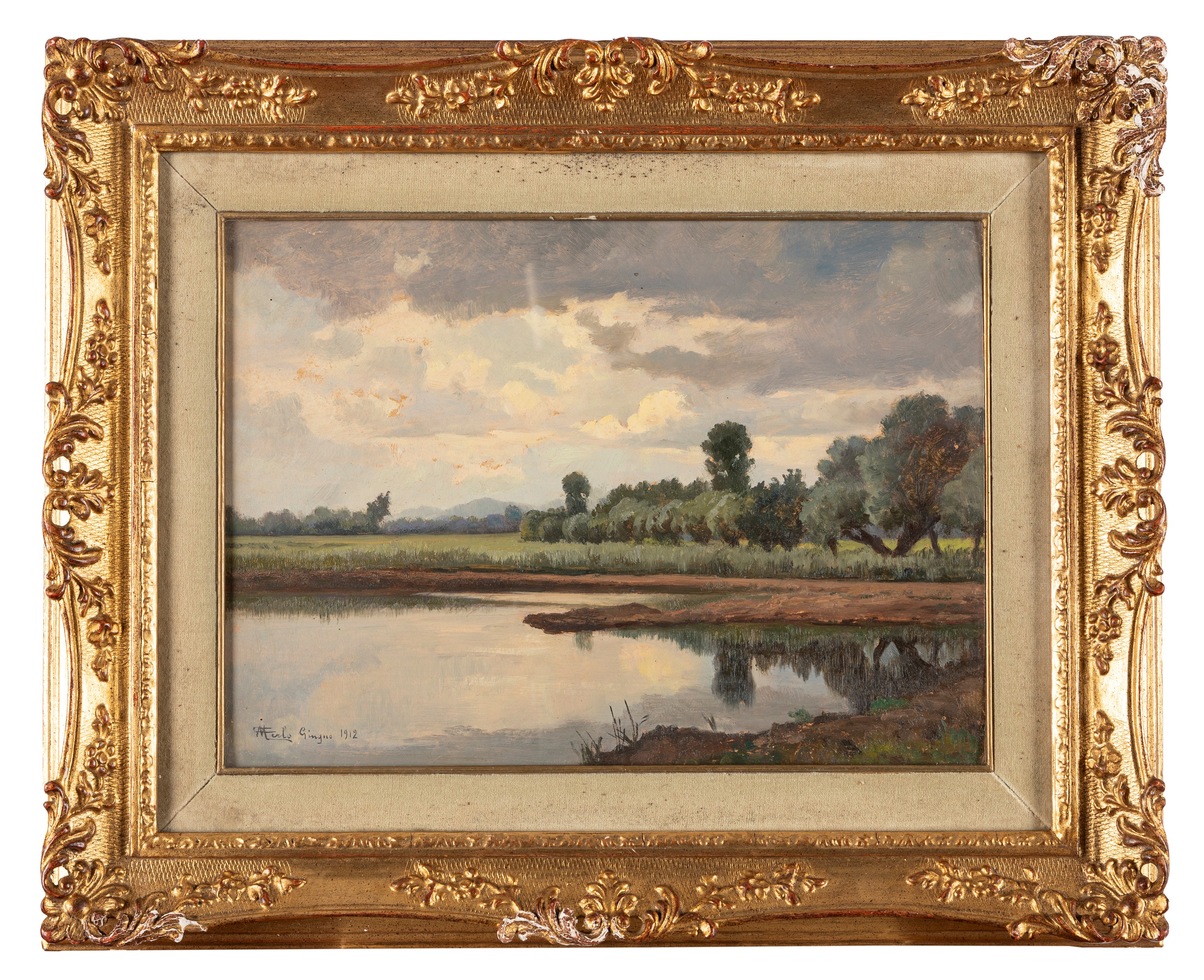 Camillo Merlo - Veduta lacustre, olio su cartone