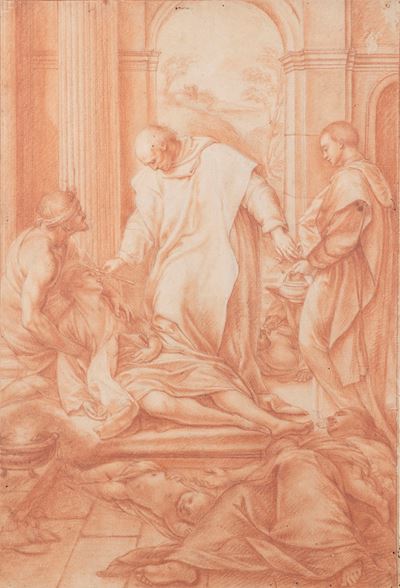 Scuola romana, Miracolo di un santo, sanguigna su carta