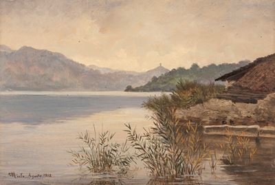 Lago d'Orta (Pella), olio su carta applicata a cartoncino