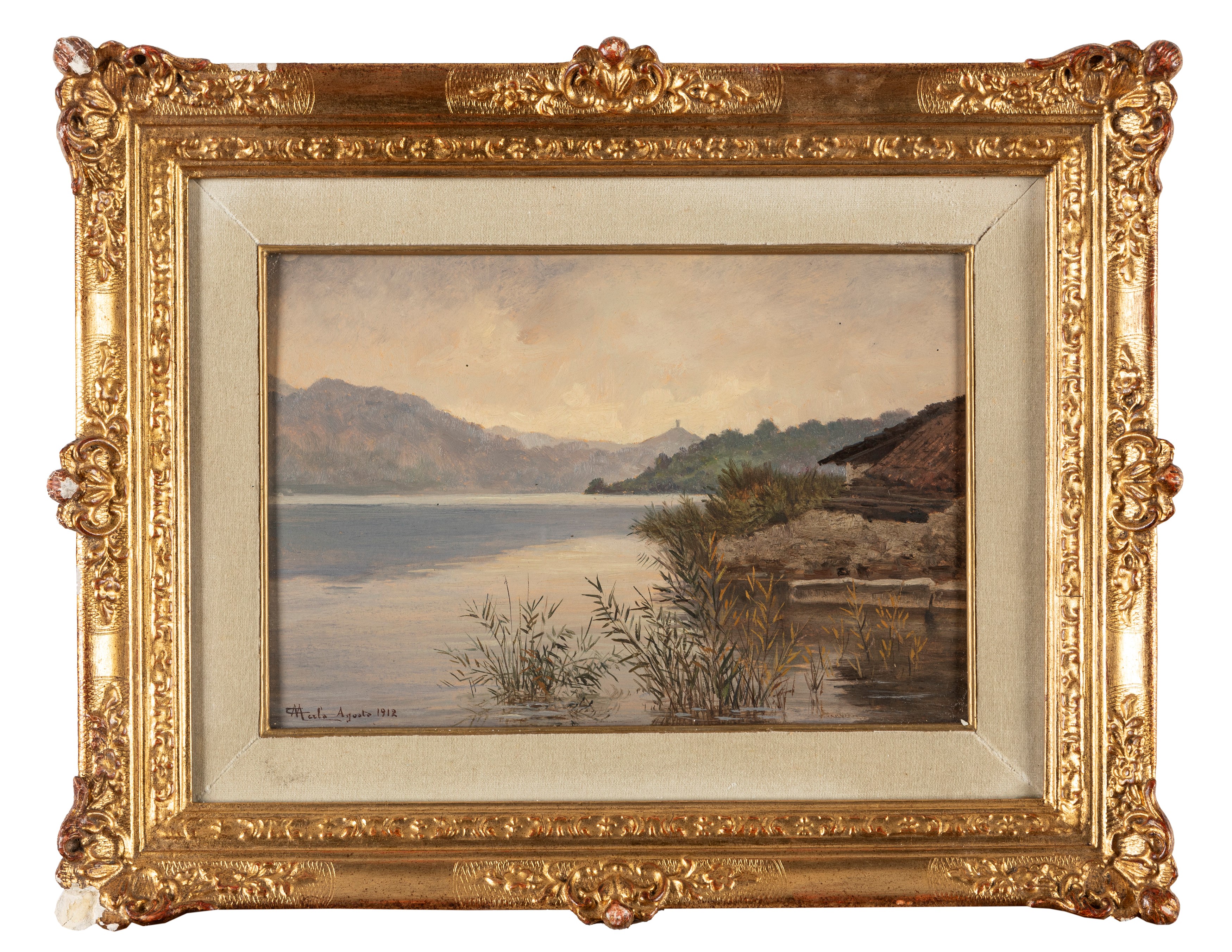 Camillo Merlo - Lago d'Orta (Pella), olio su carta applicata a cartoncino