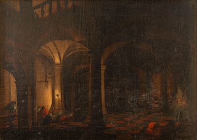 Scena di interno a lume di candela con figure, olio su tela