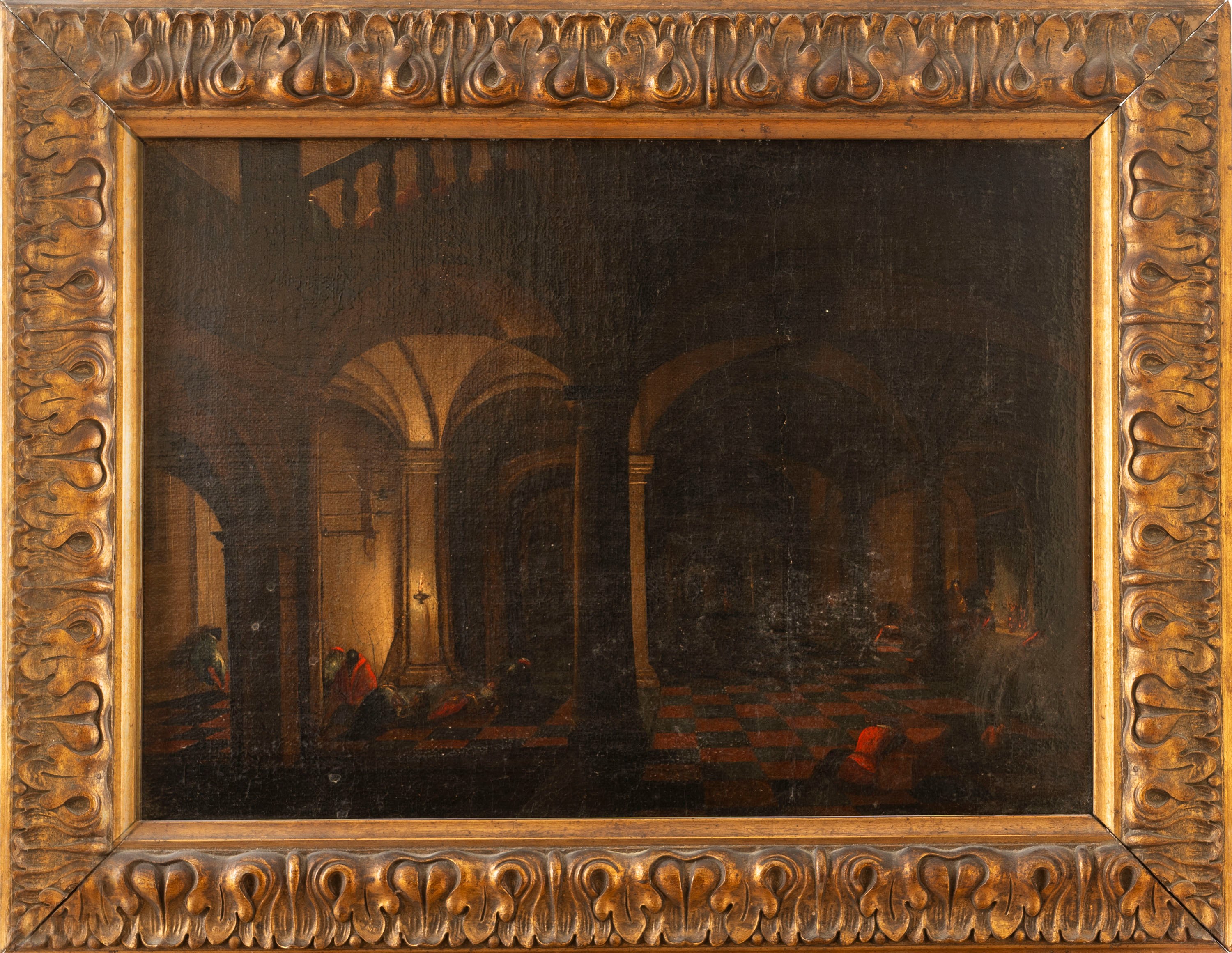 Scuola Fiamminga, Secolo XVII - Scena di interno a lume di candela con figure, olio su tela