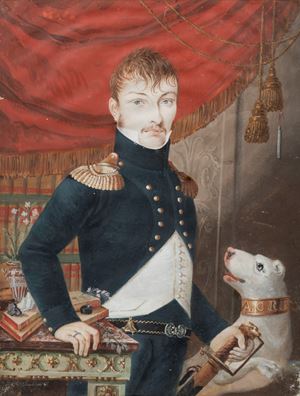 Scuola italiana, inizi del secolo XIX - Portrait of a young officer with dog