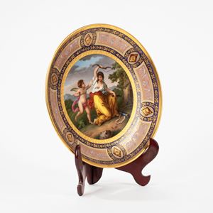  - Large polychrome porcelain plate representing Venus disarming Cupid, Vienna manufacture, 19th century