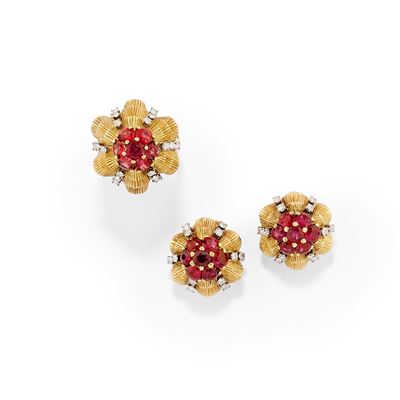 Cartier, Demi-parure in oro giallo 18k con rubini e diamanti