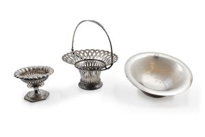 Two silver stands and a basket