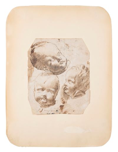 Marco da Oggiono, Studio per teste di putti, penna e inchiostro bruno su carta sagomata applicata...