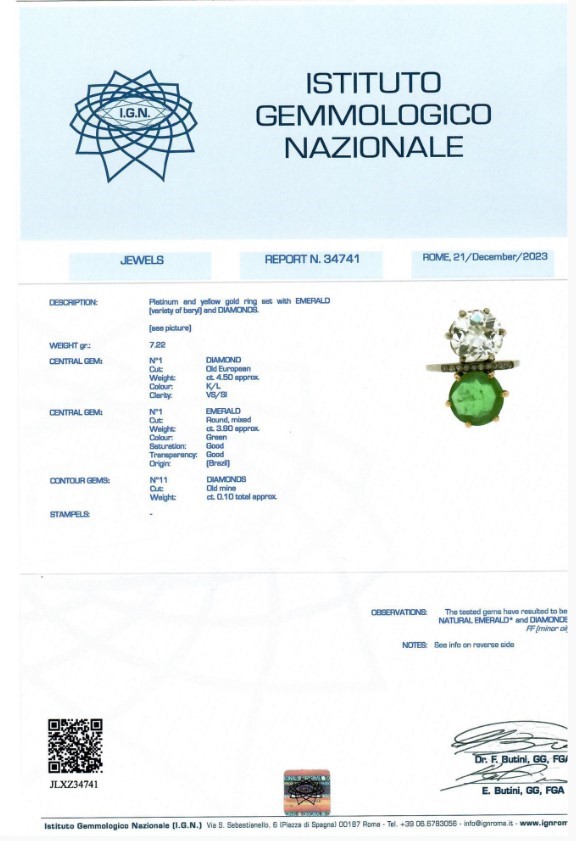 Importante Anello con Diamante e Smeraldo