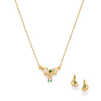 Demi Parure in oro giallo 18k con smeraldi e pietre incolori
