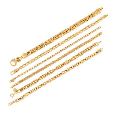 Bracciali in oro giallo 18k, sei esemplari con maglie differenti