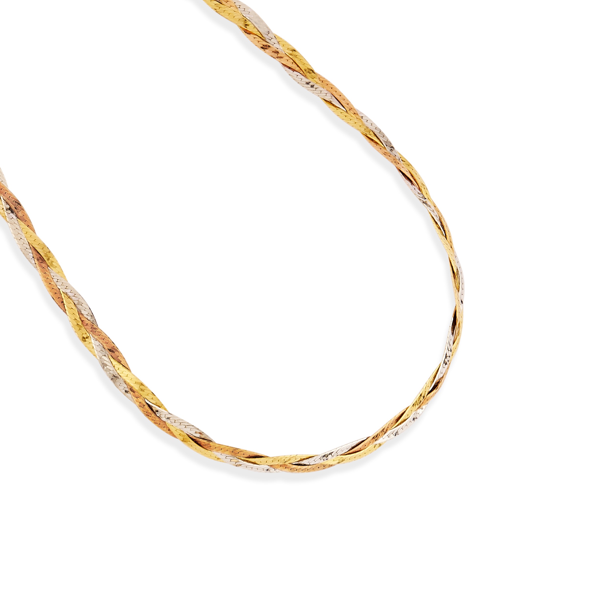 Tre collane in oro 18k con maglia intrecciata, maglia a catena e centrale a fiore con rubino