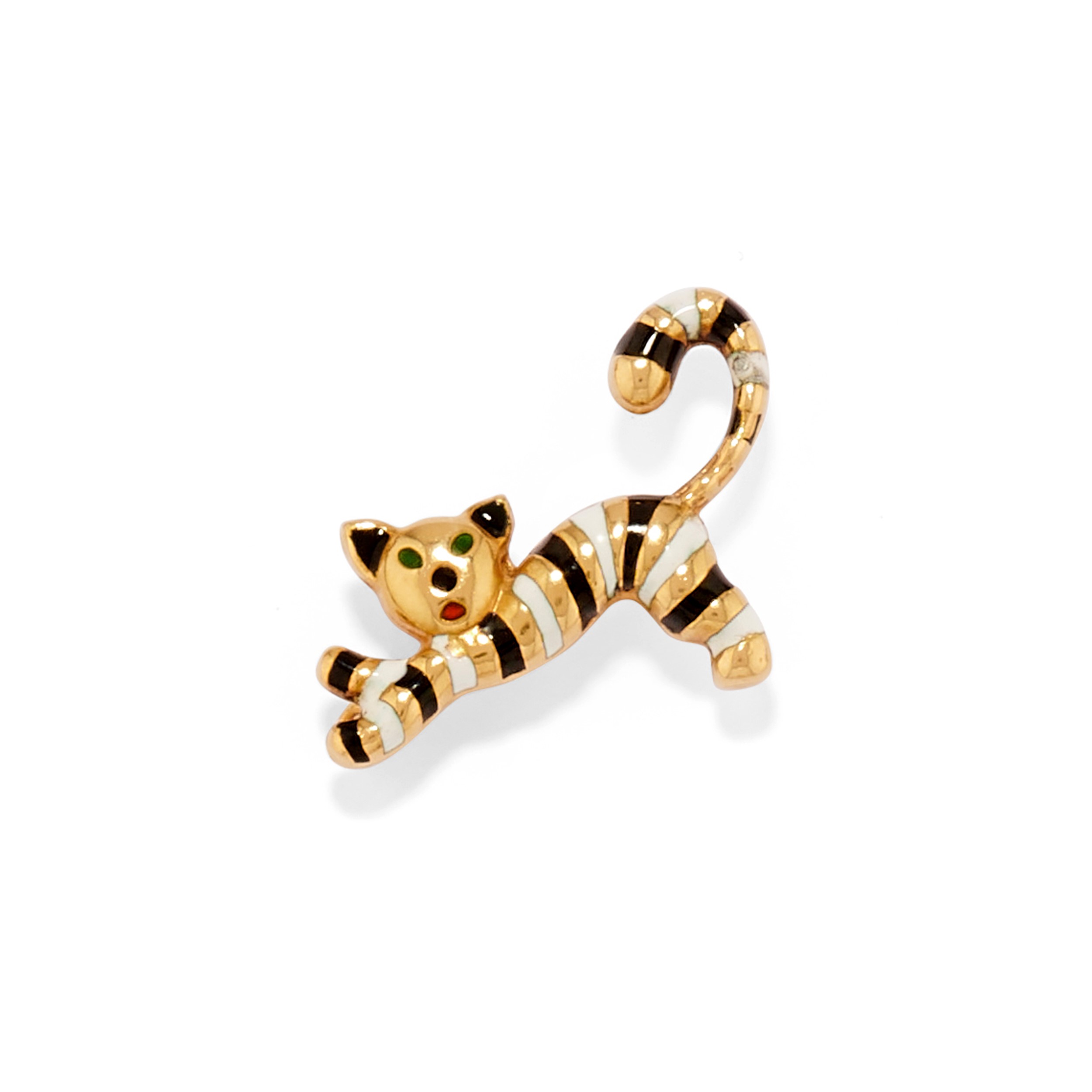 Due spille con gatto, oro giallo 18k con smalto e pietre verdi