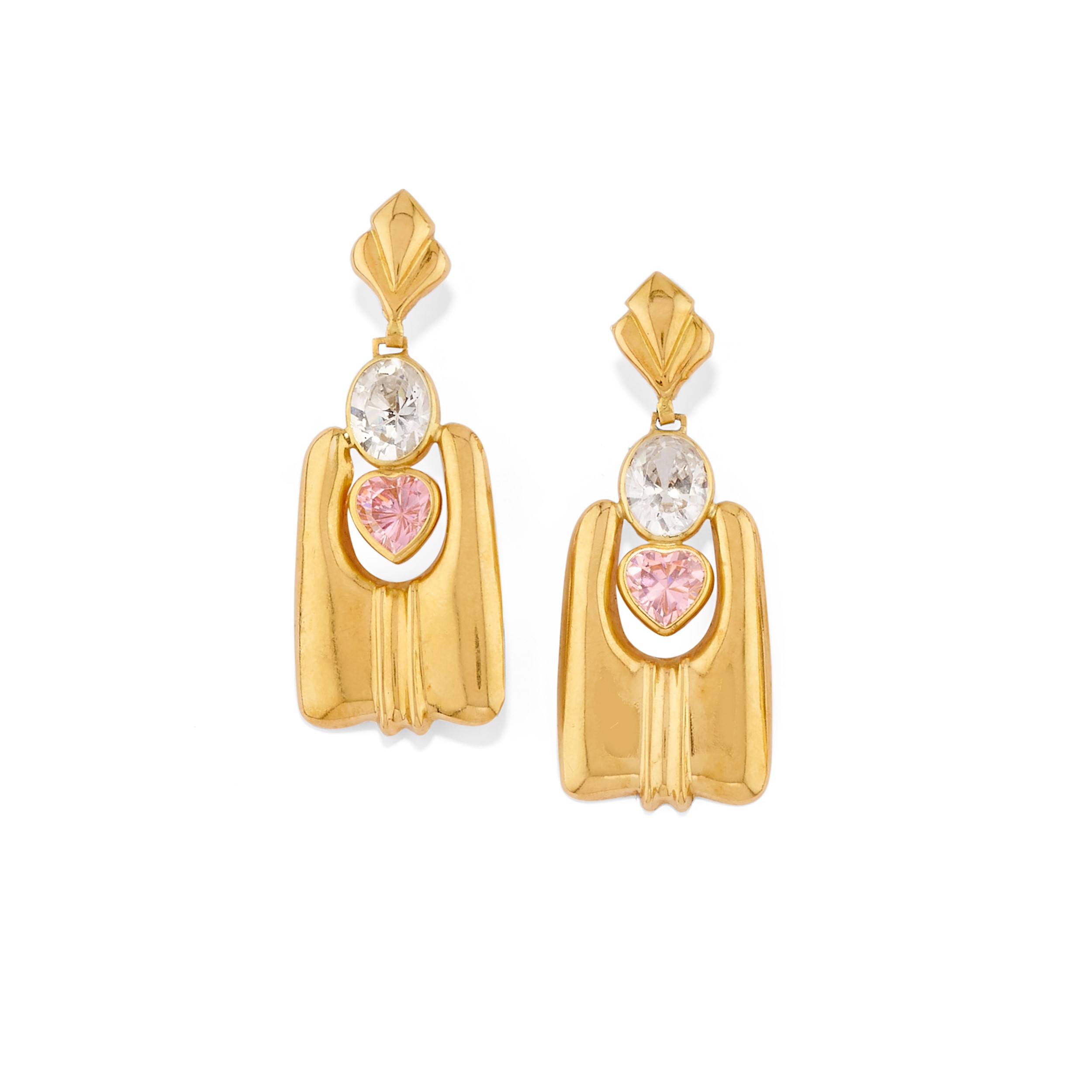 Due coppie di orecchini, oro giallo 18k con pietre sintetiche