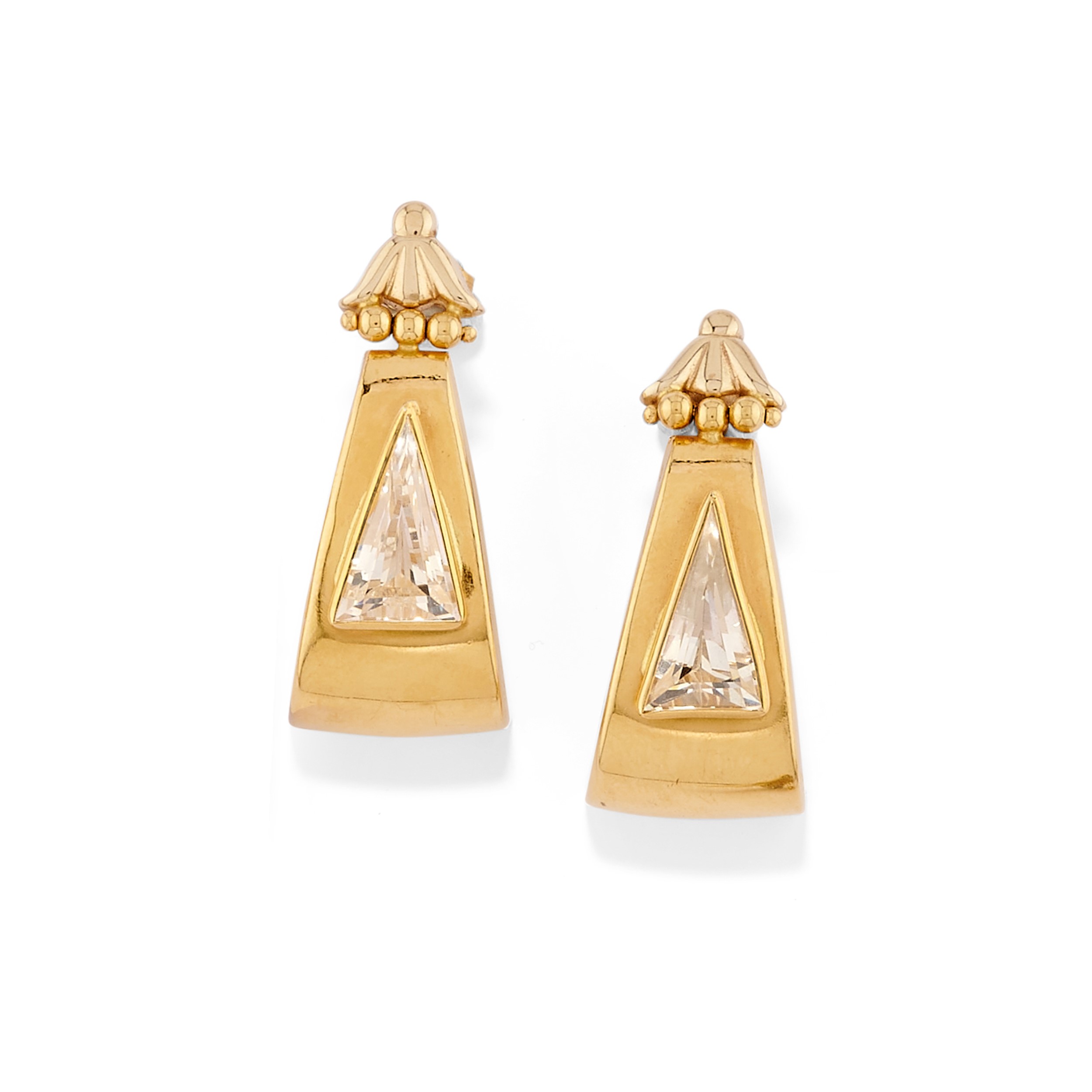 Due coppie di orecchini, oro giallo 18k con pietre sintetiche