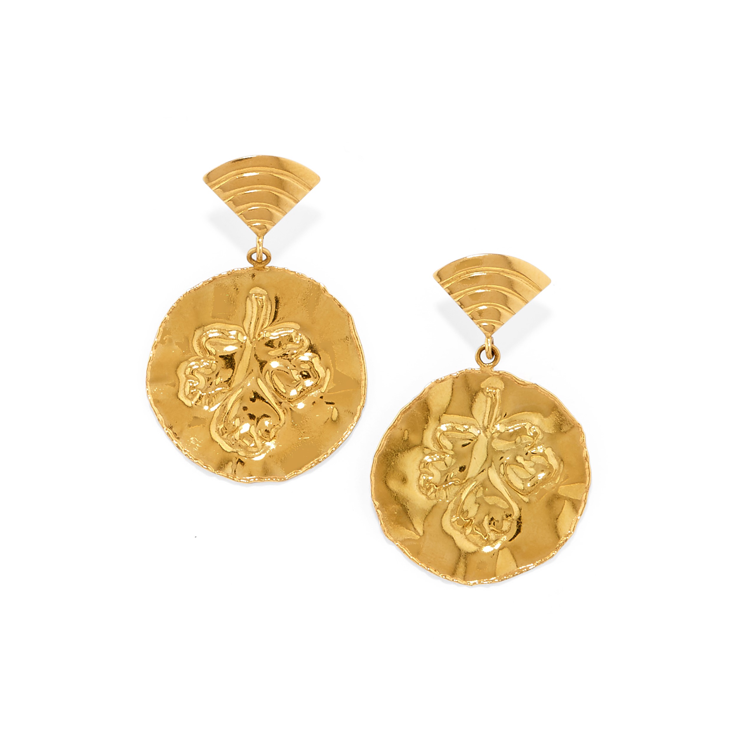 Orecchini in oro giallo 18k, due coppie con decori a foglia