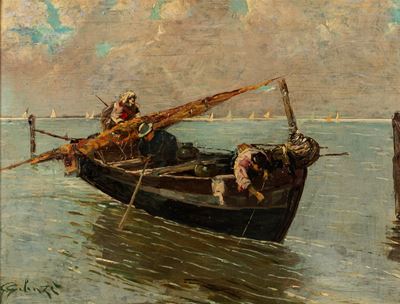 Pescatori nel golfo, olio su compensato