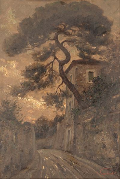 Strada romana, olio su tavola
