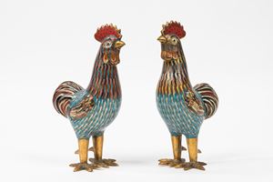 - Pair of roosters in cloisonné enamel, China, 19th century
