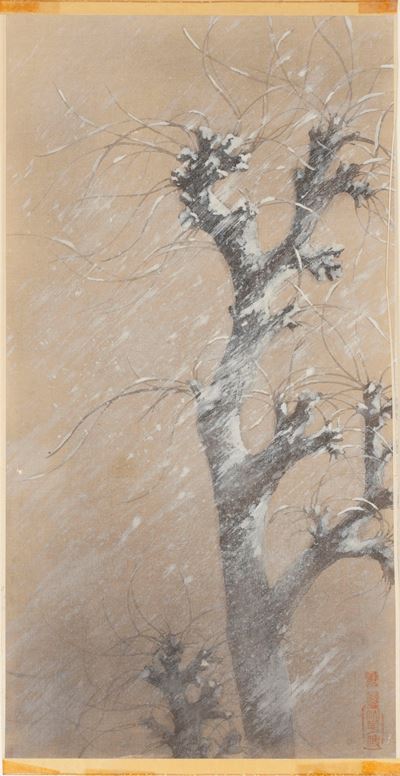 Dipinto Orientale su Carta Raffigurante Albero Innevato, Secolo XX