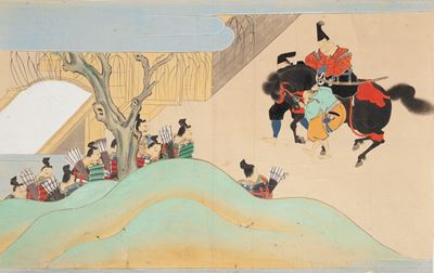 Tre Dipinti Raffiguranti Scene di Samurai, Scuola di Tosa, Giappone Secolo XVIII