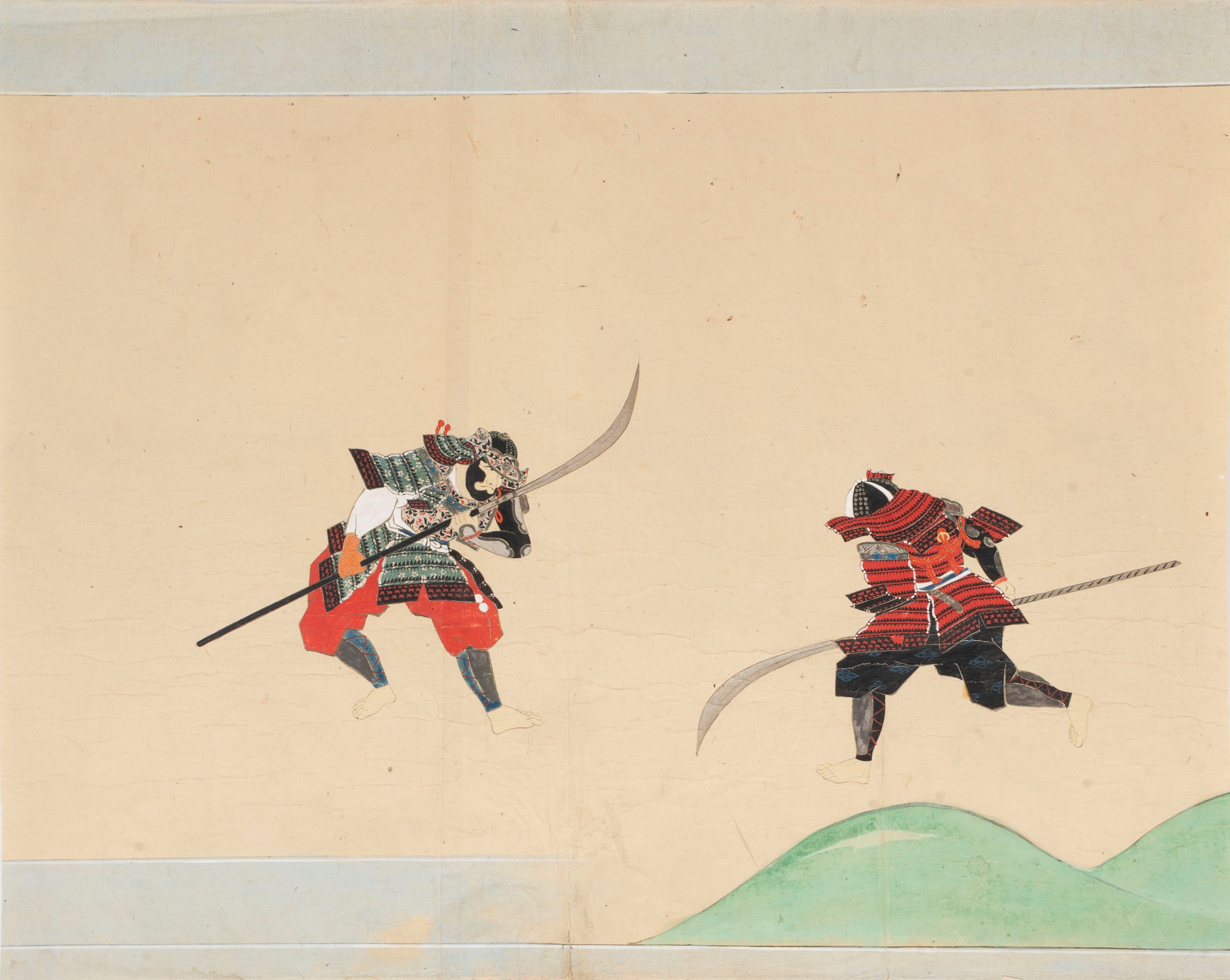 Tre Dipinti Raffiguranti Scene di Samurai, Scuola di Tosa, Giappone Secolo XVIII