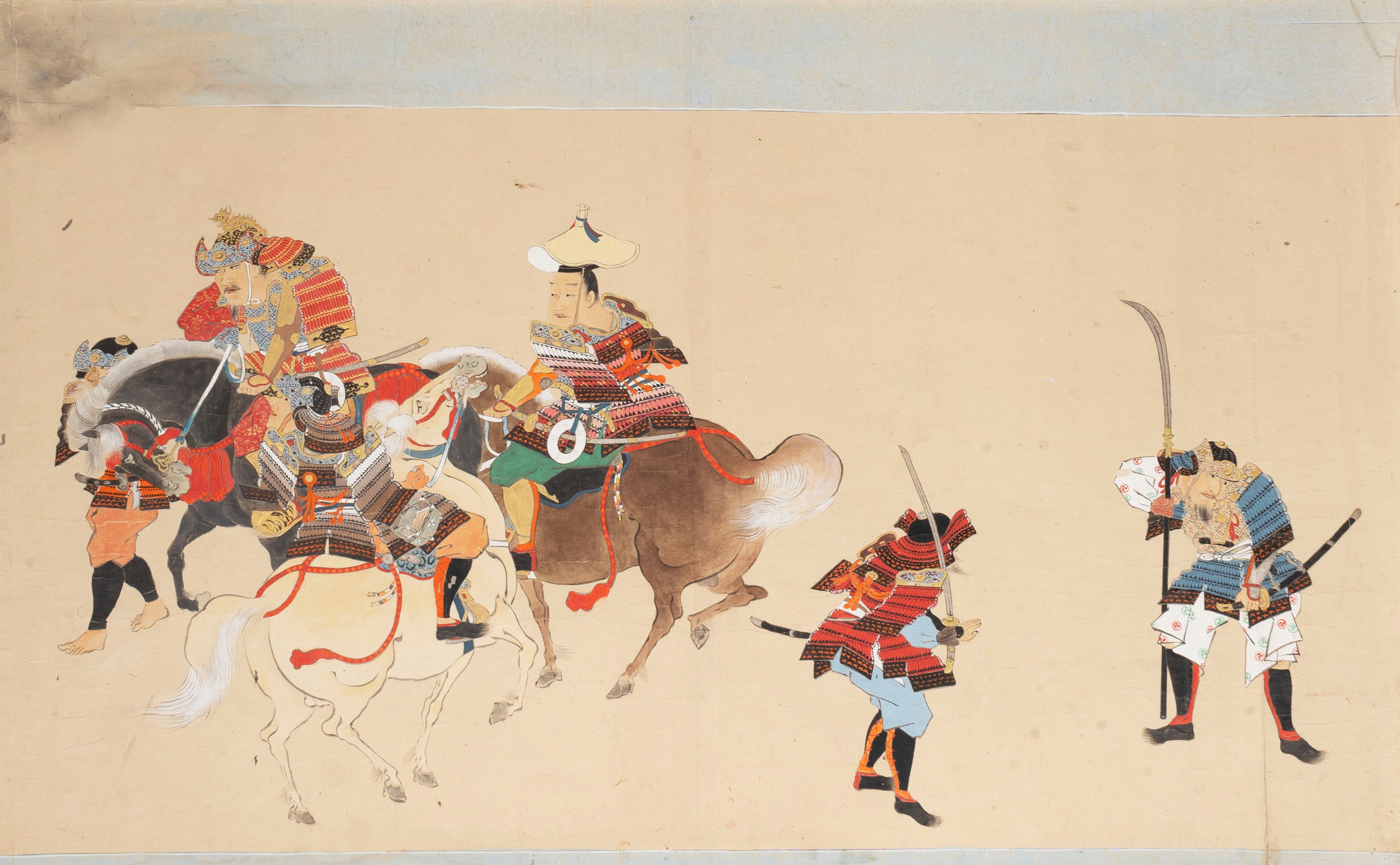 Tre Dipinti Raffiguranti Scene di Samurai, Scuola di Tosa, Giappone Secolo XVIII