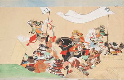 Tre Dipinti Raffiguranti Battaglie di Samurai, Scuola di Tosa, Giappone Secolo XVIII