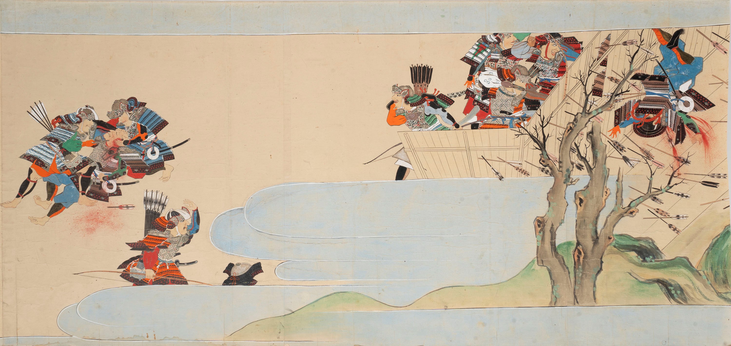 Tre Dipinti Raffiguranti Battaglie di Samurai, Scuola di Tosa, Giappone Secolo XVIII
