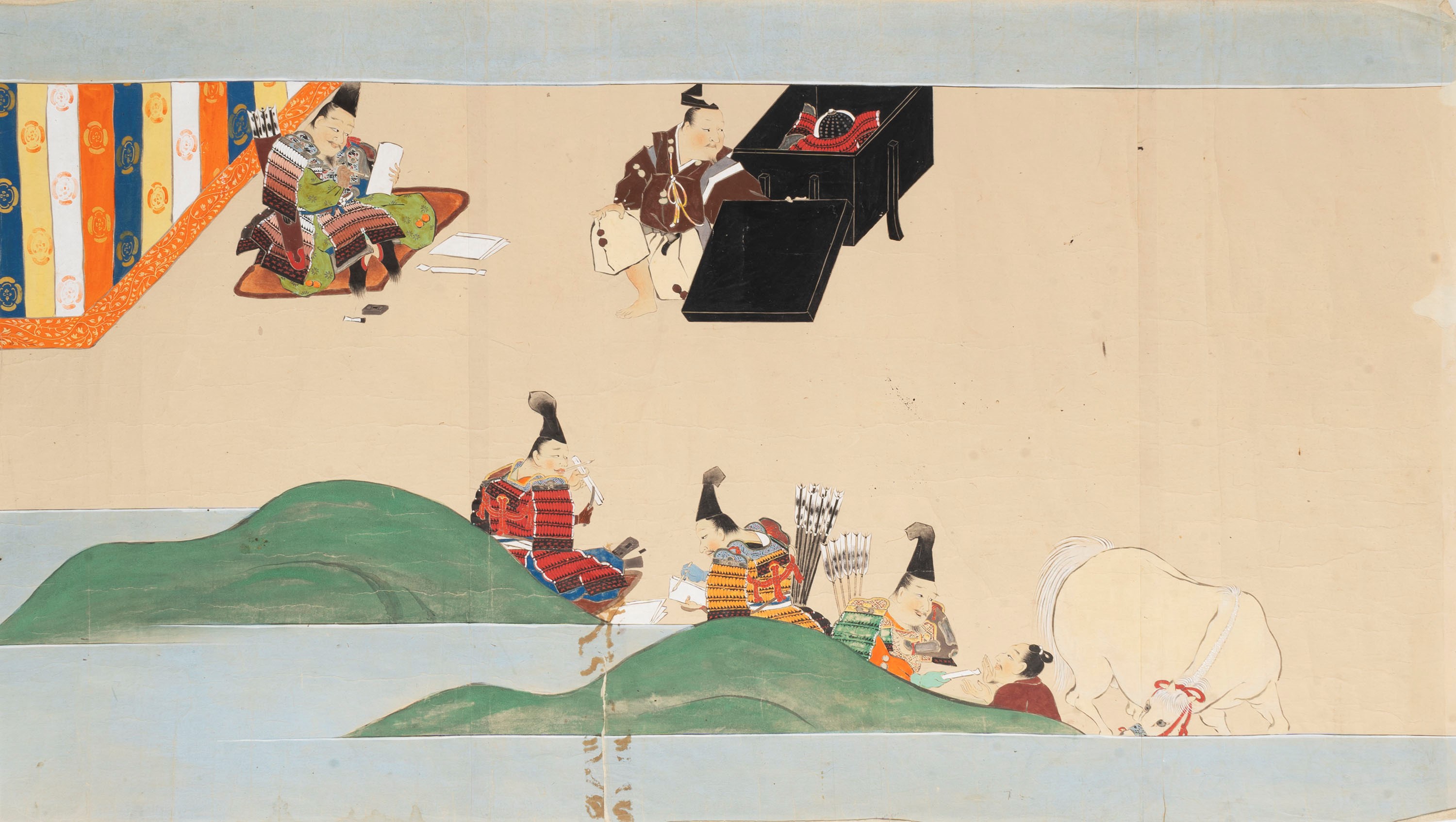 Tre Dipinti Raffiguranti Scene di Samurai, Scuola di Tosa, Giappone Secolo XVIII