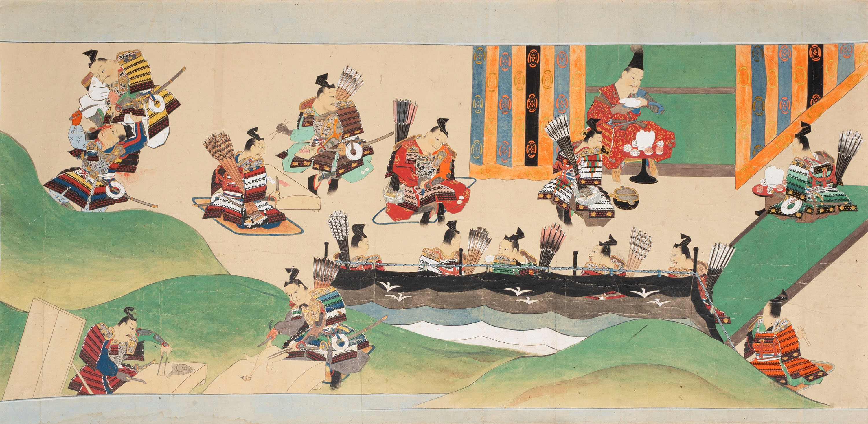 Tre Dipinti Raffiguranti Scene di Samurai, Scuola di Tosa, Giappone Secolo XVIII