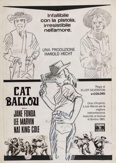 Elliot Silverstein, Bozzetto originale per 'Cat Ballou' (1965), matita, china e pellicola fotogra...