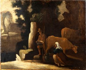 Scena di mungitura in un paesaggio
