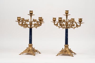 Coppia di Candelieri in Bronzo Dorato e Lapislazzuli, Secolo XX