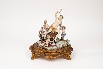 Scultura in Porcellana Policroma di Meissen Raffigurante Bacco e Arianna, Secolo XIX