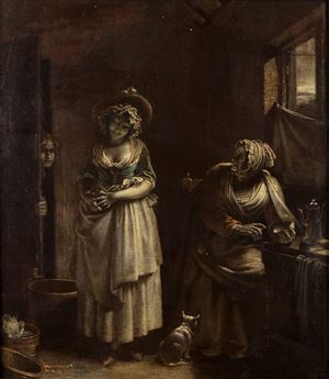 Scuola fiamminga, secolo XVII - Interior scene with maids and a cat